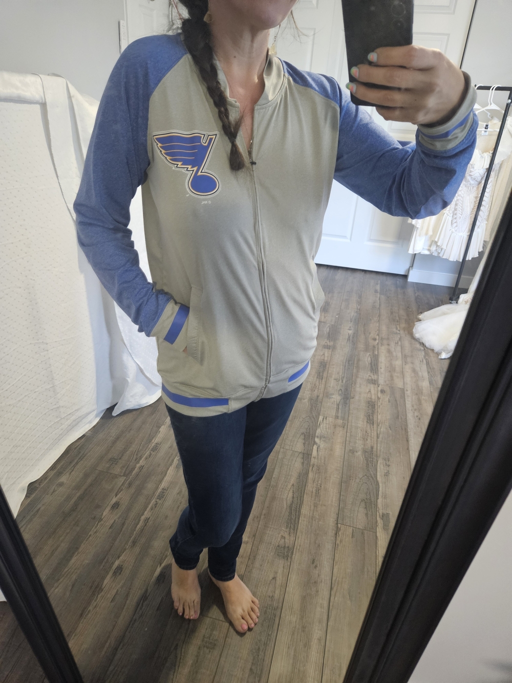 St. Louis Blues Women's Raglan Bomber Jacket - Light Gray & Blue